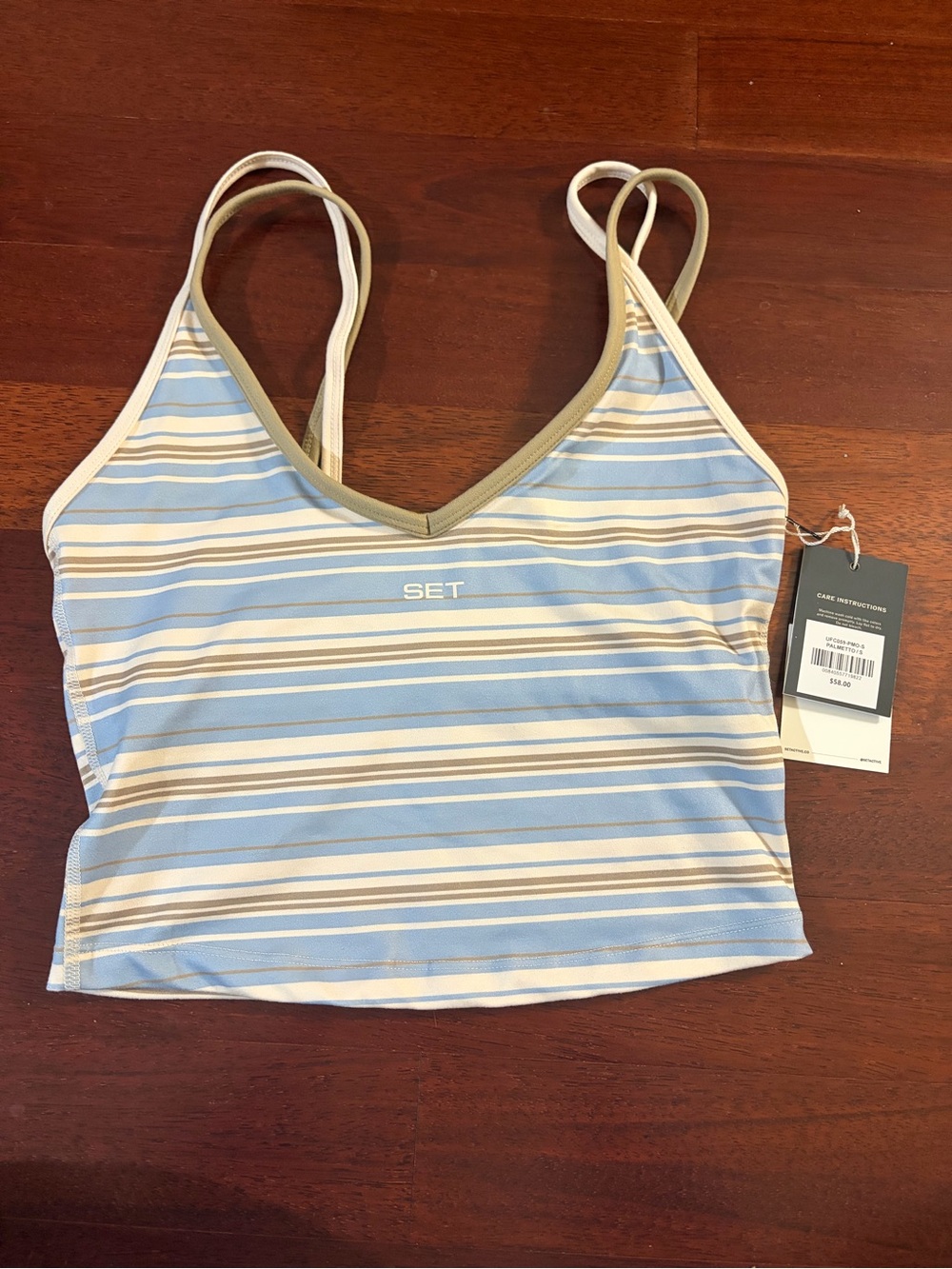 SET Active Striped V-Neck Cropped Tank - Light Blue & Beige